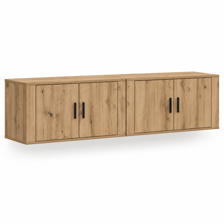 Wandgemonteerd TV-Meubel 160 cm – Zwevend TV-Kast Set van 2 – Eikenlook – 4 Deuren – 160 x 32 x 40 cm – Modern TV-Meubel voor Woonkamer