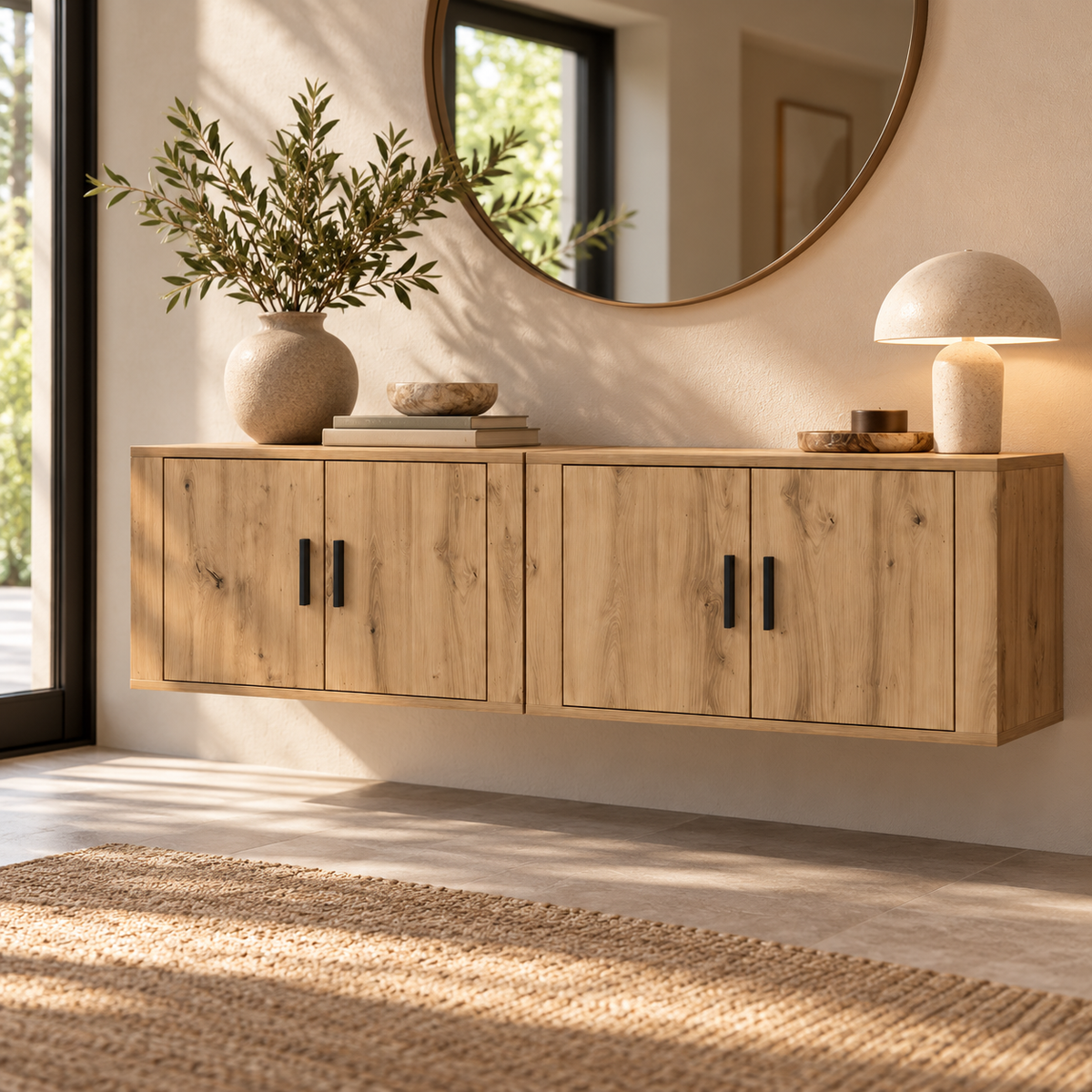 Wandgemonteerd TV-Meubel 160 cm – Zwevend TV-Kast Set van 2 – Eikenlook – 4 Deuren – 160 x 32 x 40 cm – Modern TV-Meubel voor Woonkamer