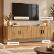 Wandgemonteerd TV-Meubel 160 cm – Zwevend TV-Kast Set van 2 – Eikenlook – 4 Deuren – 160 x 32 x 40 cm – Modern TV-Meubel voor Woonkamer