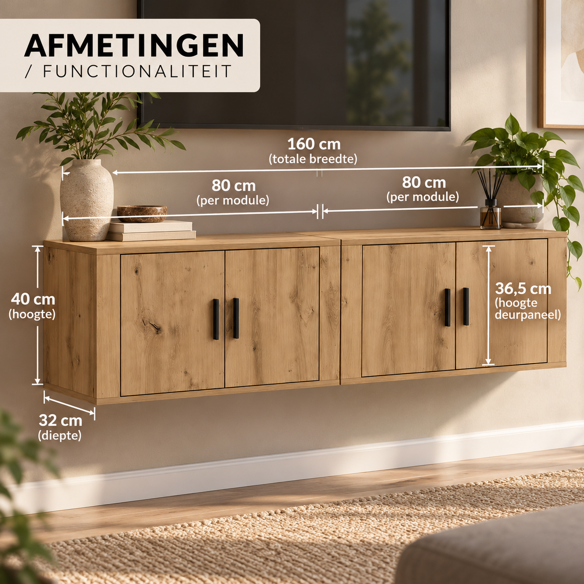 Wandgemonteerd TV-Meubel 160 cm – Zwevend TV-Kast Set van 2 – Eikenlook – 4 Deuren – 160 x 32 x 40 cm – Modern TV-Meubel voor Woonkamer