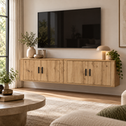 Wandgemonteerd TV-Meubel 160 cm – Zwevend TV-Kast Set van 2 – Eikenlook – 4 Deuren – 160 x 32 x 40 cm – Modern TV-Meubel voor Woonkamer