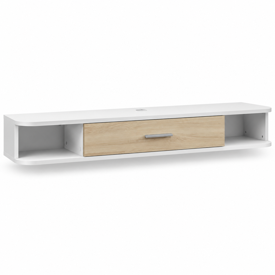 Zwevend TV-Meubel – Wandmeubel voor TV’s tot 50 Inch – 2 Open Vakken & Klepkast – Kabelmanagement – 120 × 26 × 16 cm – Wit/Eiken
