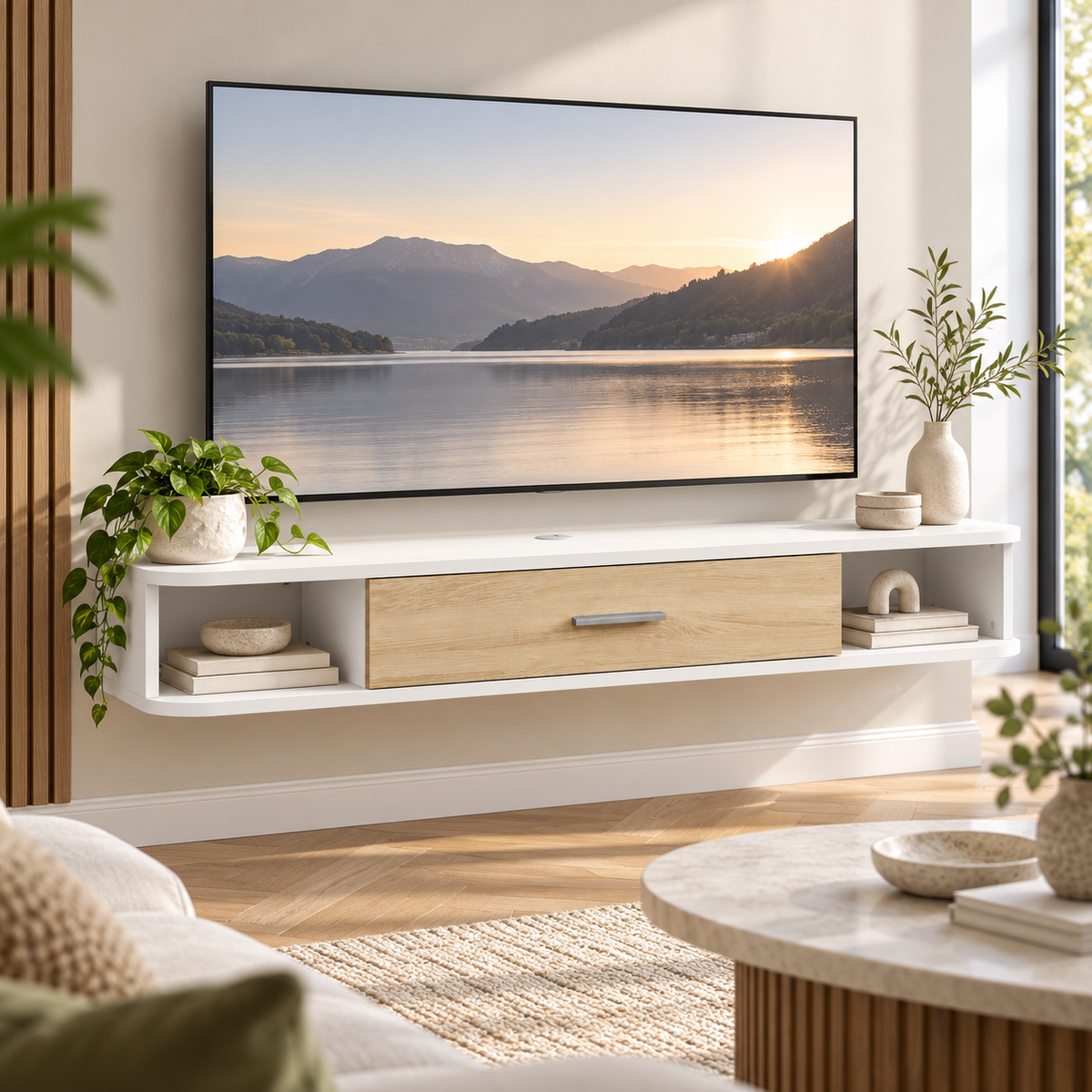Zwevend TV-Meubel – Wandmeubel voor TV’s tot 50 Inch – 2 Open Vakken & Klepkast – Kabelmanagement – 120 × 26 × 16 cm – Wit/Eiken