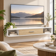 Zwevend TV-Meubel – Wandmeubel voor TV’s tot 50 Inch – 2 Open Vakken & Klepkast – Kabelmanagement – 120 × 26 × 16 cm – Wit/Eiken