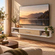 Zwevend TV-Meubel – Wandmeubel voor TV’s tot 50 Inch – 2 Open Vakken & Klepkast – Kabelmanagement – 120 × 26 × 16 cm – Wit/Eiken