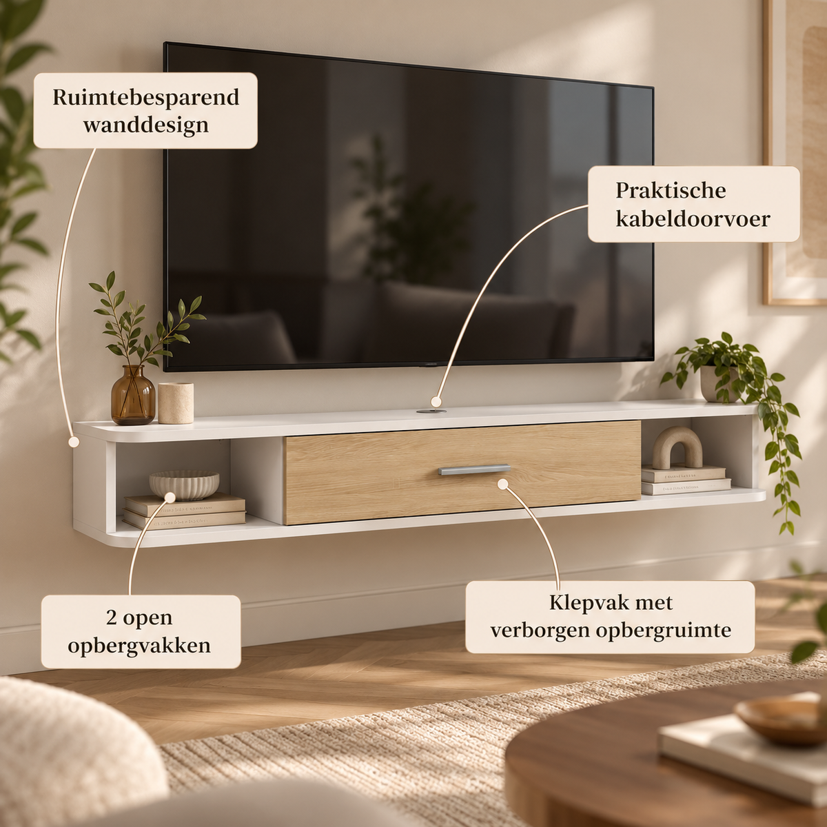 Zwevend TV-Meubel – Wandmeubel voor TV’s tot 50 Inch – 2 Open Vakken & Klepkast – Kabelmanagement – 120 × 26 × 16 cm – Wit/Eiken