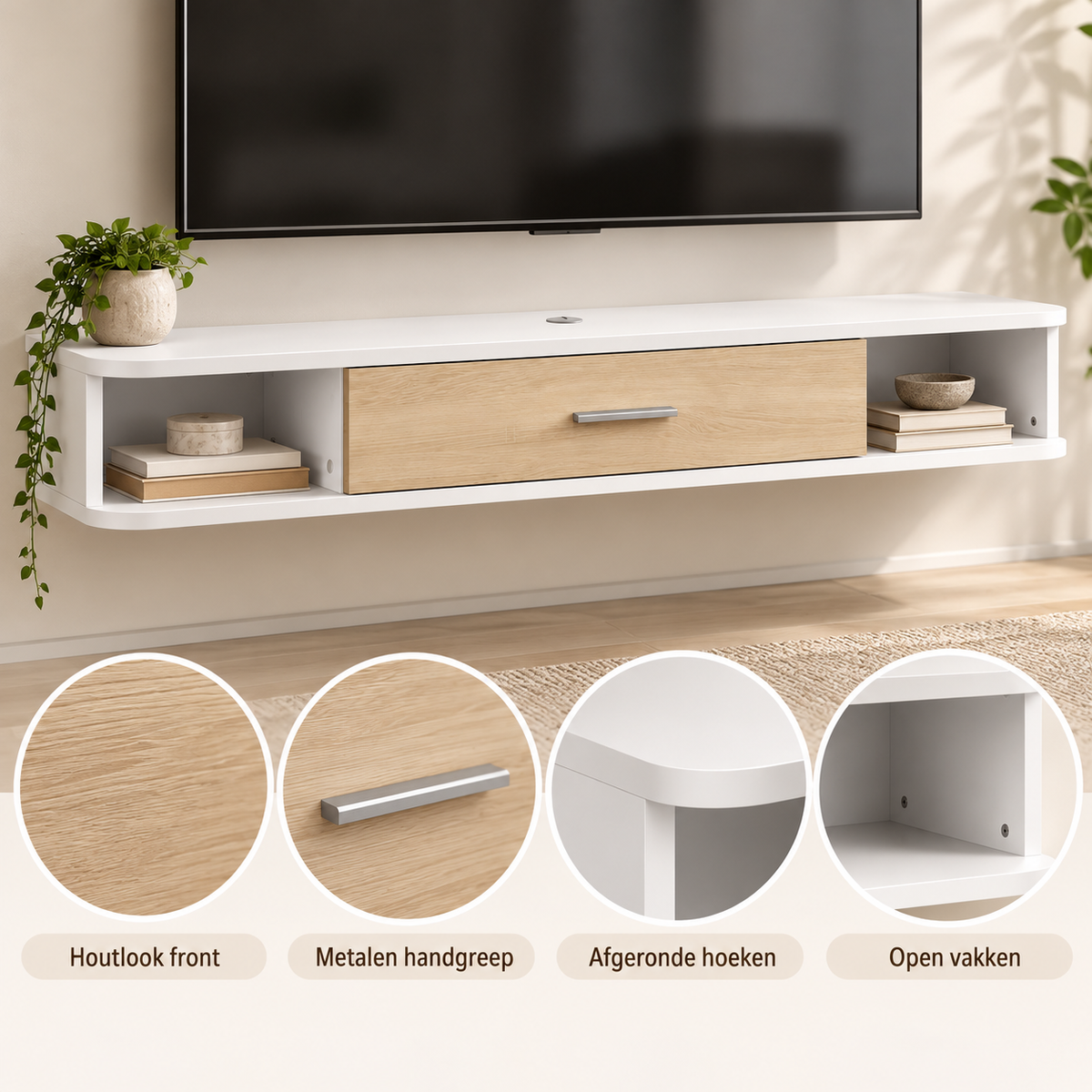Zwevend TV-Meubel – Wandmeubel voor TV’s tot 50 Inch – 2 Open Vakken & Klepkast – Kabelmanagement – 120 × 26 × 16 cm – Wit/Eiken