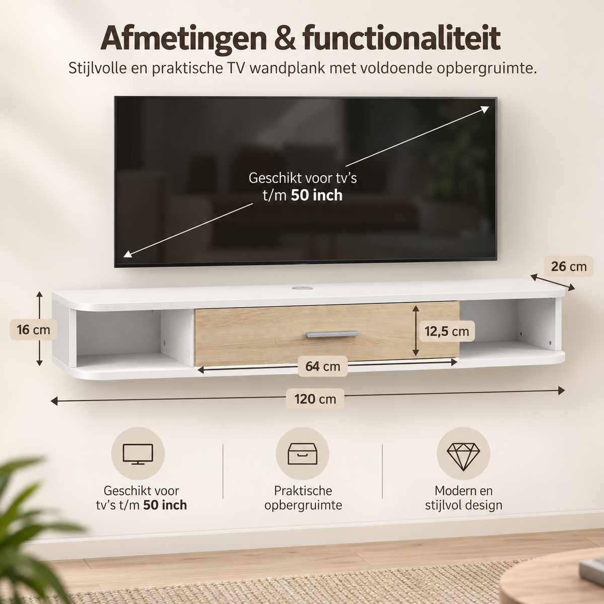 Zwevend TV-Meubel – Wandmeubel voor TV’s tot 50 Inch – 2 Open Vakken & Klepkast – Kabelmanagement – 120 × 26 × 16 cm – Wit/Eiken