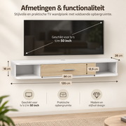 Zwevend TV-Meubel – Wandmeubel voor TV’s tot 50 Inch – 2 Open Vakken & Klepkast – Kabelmanagement – 120 × 26 × 16 cm – Wit/Eiken