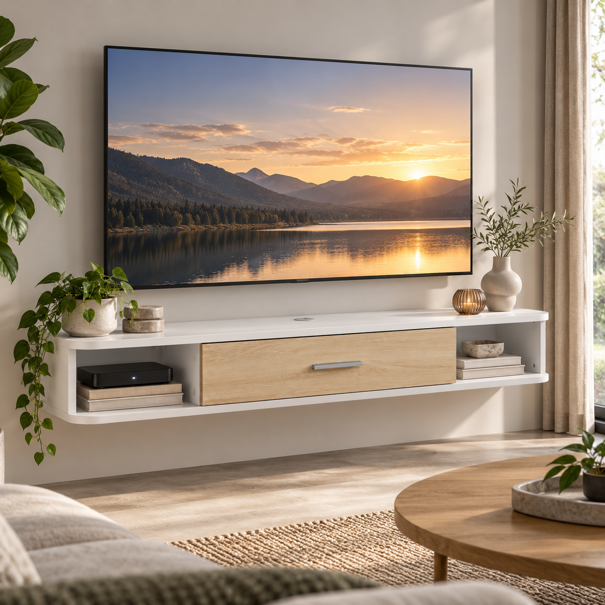 Zwevend TV-Meubel – Wandmeubel voor TV’s tot 50 Inch – 2 Open Vakken & Klepkast – Kabelmanagement – 120 × 26 × 16 cm – Wit/Eiken