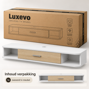 Zwevend TV-Meubel – Wandmeubel voor TV’s tot 50 Inch – 2 Open Vakken & Klepkast – Kabelmanagement – 120 × 26 × 16 cm – Wit/Eiken