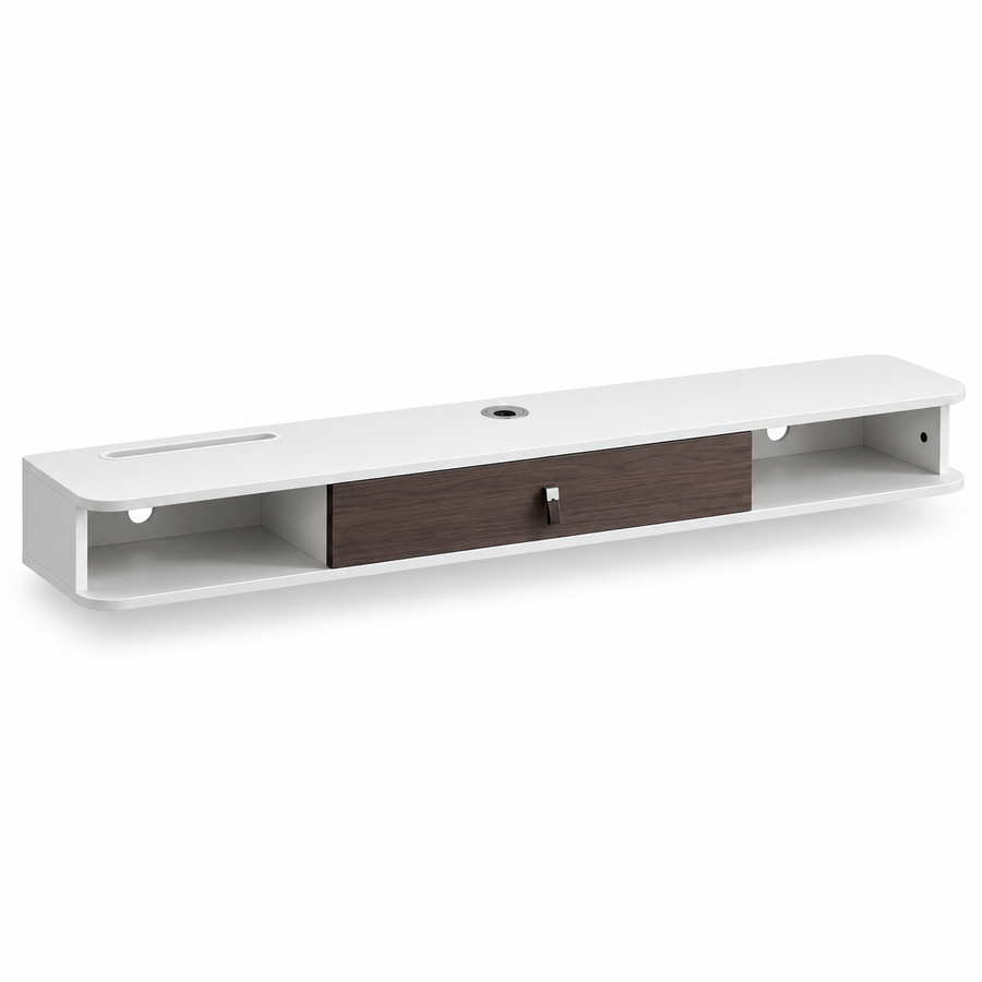 Zwevend TV-Meubel 140 cm – Wandgemonteerde Mediaconsole met Kabeldoorvoer – TV-Plank met Opbergruimte – Wit/Houtlook