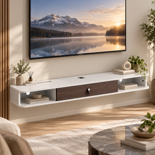 Zwevend TV-Meubel 140 cm – Wandgemonteerde Mediaconsole met Kabeldoorvoer – TV-Plank met Opbergruimte – Wit/Houtlook