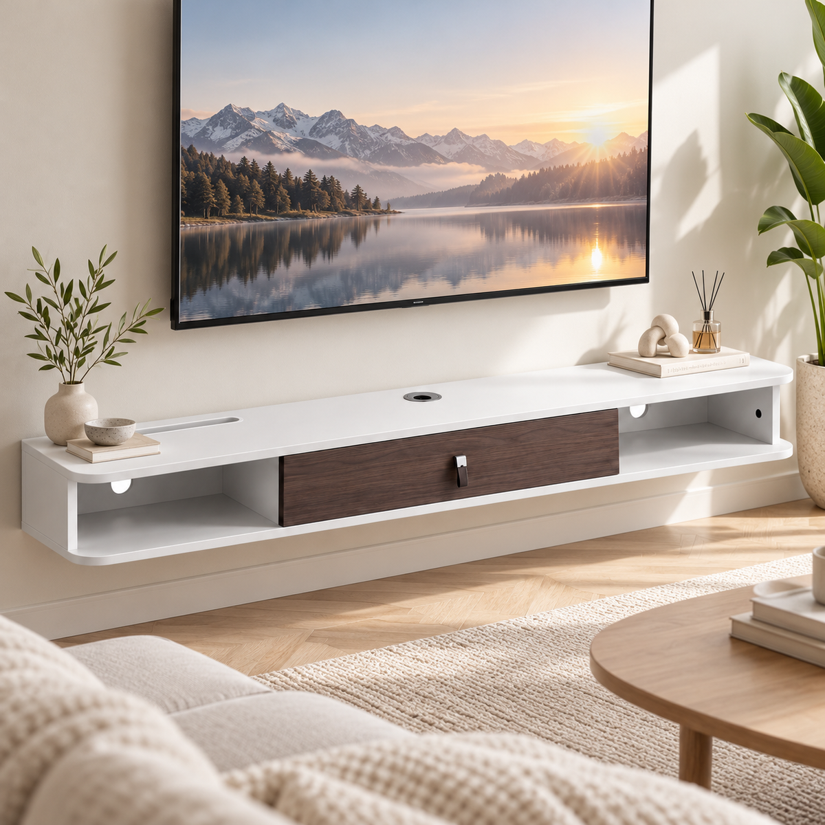 Zwevend TV-Meubel 140 cm – Wandgemonteerde Mediaconsole met Kabeldoorvoer – TV-Plank met Opbergruimte – Wit/Houtlook