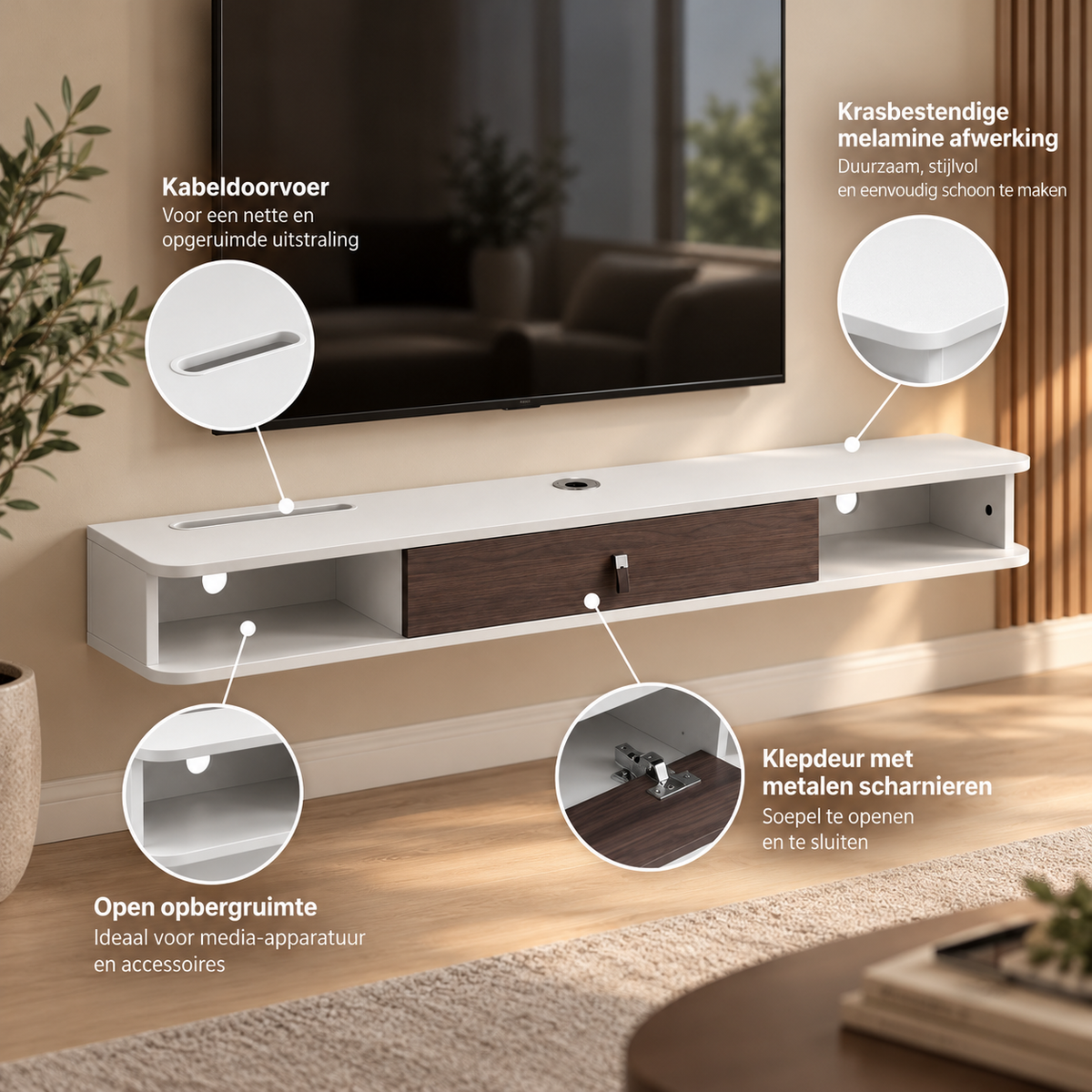 Zwevend TV-Meubel 140 cm – Wandgemonteerde Mediaconsole met Kabeldoorvoer – TV-Plank met Opbergruimte – Wit/Houtlook