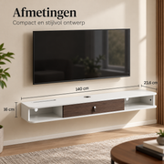 Zwevend TV-Meubel 140 cm – Wandgemonteerde Mediaconsole met Kabeldoorvoer – TV-Plank met Opbergruimte – Wit/Houtlook