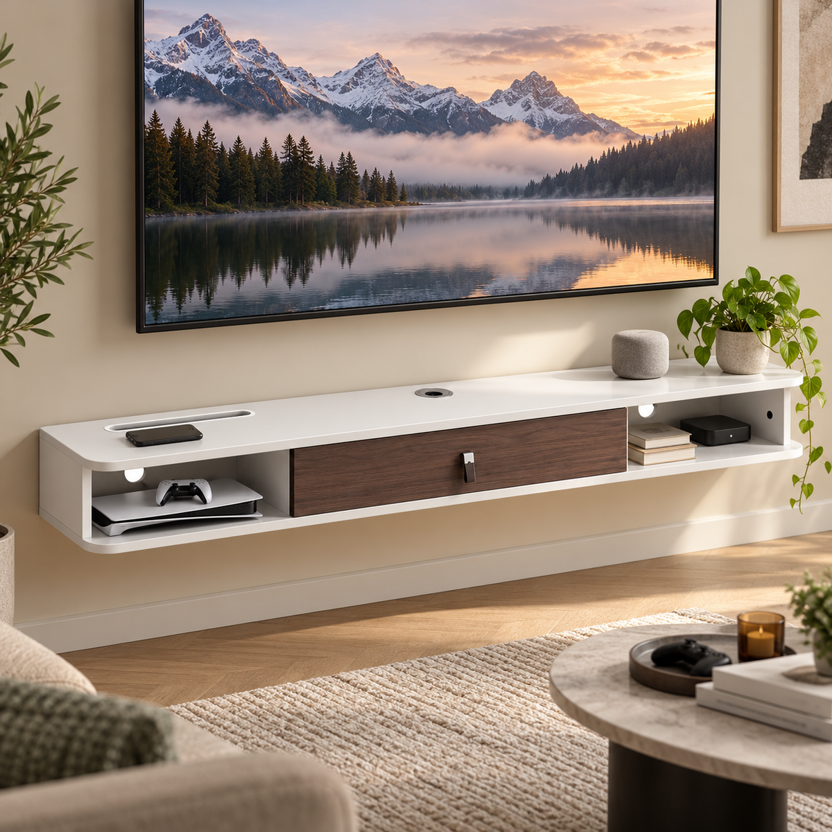 Zwevend TV-Meubel 140 cm – Wandgemonteerde Mediaconsole met Kabeldoorvoer – TV-Plank met Opbergruimte – Wit/Houtlook
