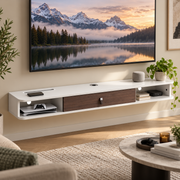 Zwevend TV-Meubel 140 cm – Wandgemonteerde Mediaconsole met Kabeldoorvoer – TV-Plank met Opbergruimte – Wit/Houtlook