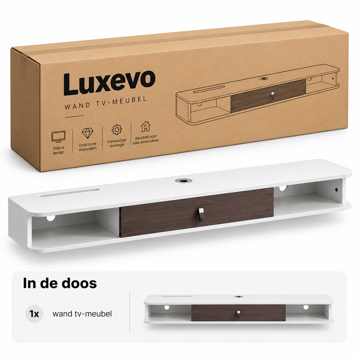 Zwevend TV-Meubel 140 cm – Wandgemonteerde Mediaconsole met Kabeldoorvoer – TV-Plank met Opbergruimte – Wit/Houtlook