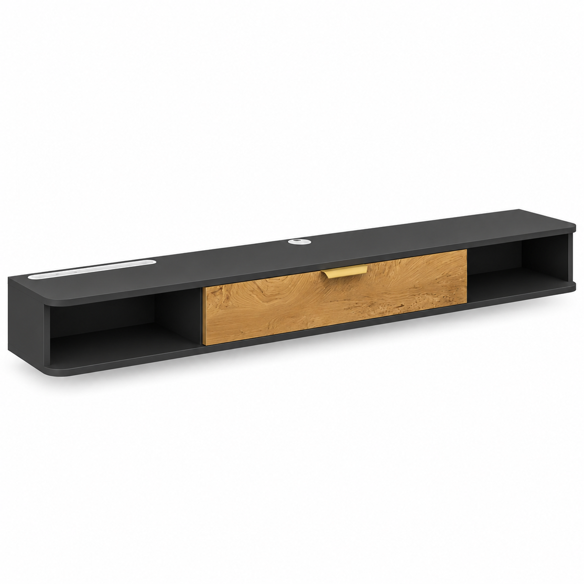 Zwevend TV-Meubel 160 cm – Wandgemonteerd TV-Meubel met Klepdeur, Open Vakken & Kabelmanagement – Antraciet/Zwart met Houtlook