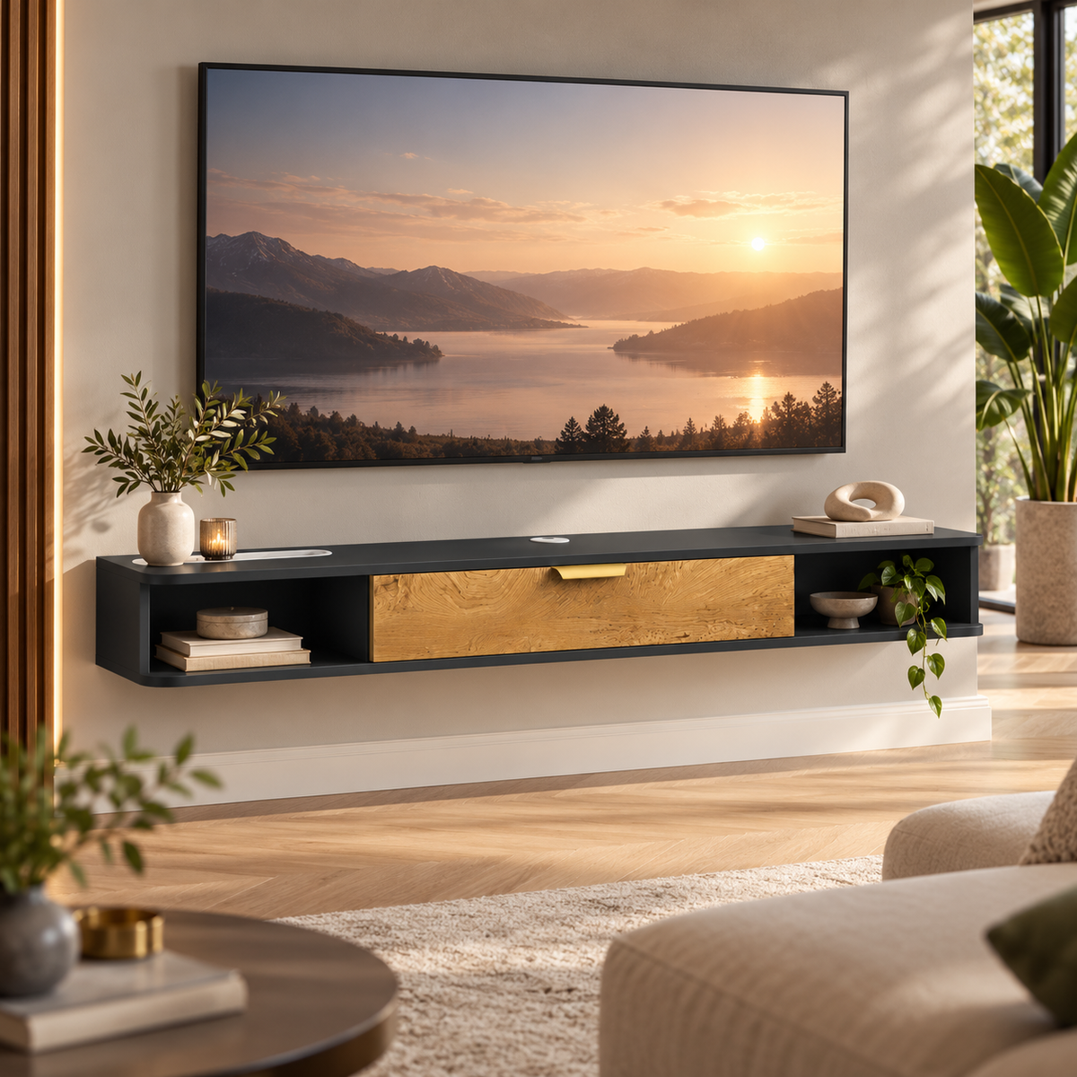 Zwevend TV-Meubel 160 cm – Wandgemonteerd TV-Meubel met Klepdeur, Open Vakken & Kabelmanagement – Antraciet/Zwart met Houtlook