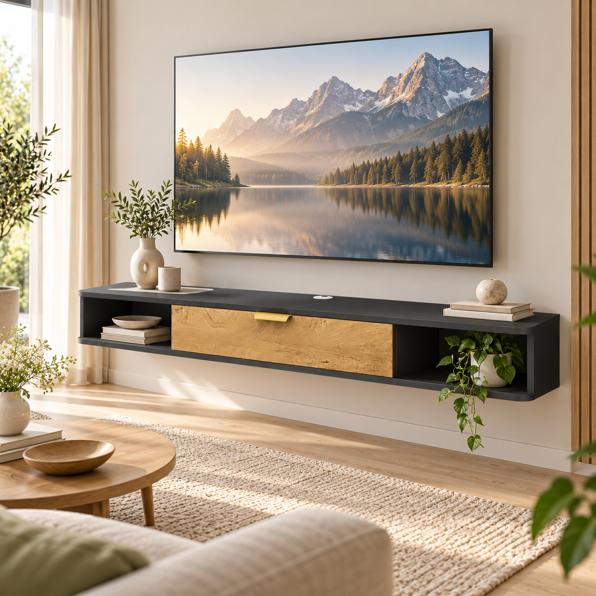 Zwevend TV-Meubel 160 cm – Wandgemonteerd TV-Meubel met Klepdeur, Open Vakken & Kabelmanagement – Antraciet/Zwart met Houtlook