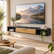 Zwevend TV-Meubel 160 cm – Wandgemonteerd TV-Meubel met Klepdeur, Open Vakken & Kabelmanagement – Antraciet/Zwart met Houtlook