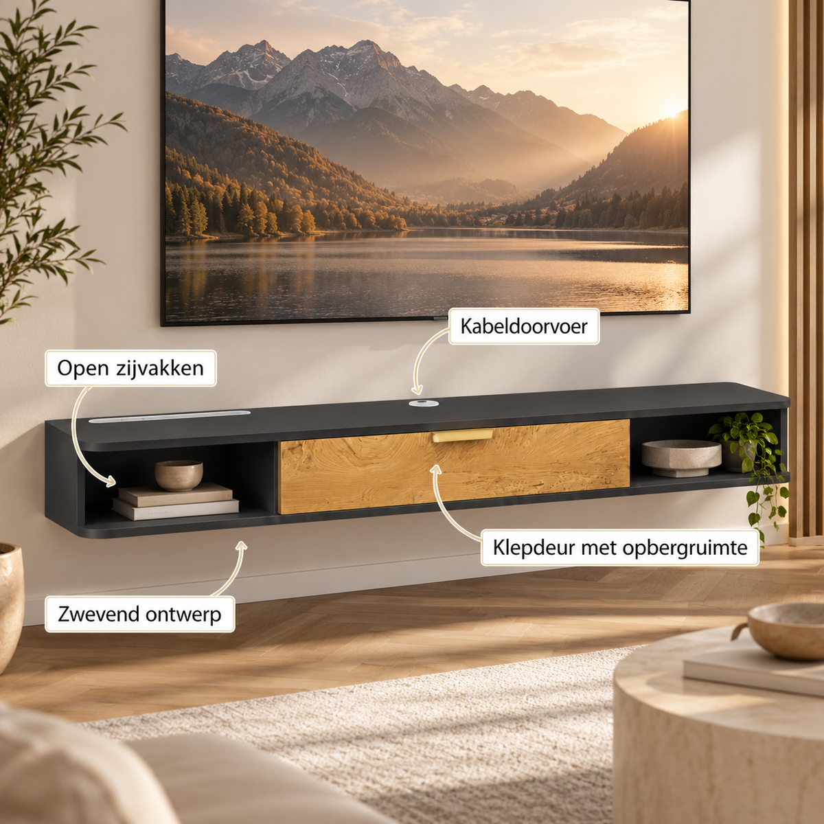 Zwevend TV-Meubel 160 cm – Wandgemonteerd TV-Meubel met Klepdeur, Open Vakken & Kabelmanagement – Antraciet/Zwart met Houtlook