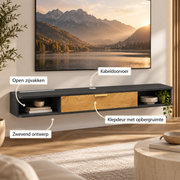 Zwevend TV-Meubel 160 cm – Wandgemonteerd TV-Meubel met Klepdeur, Open Vakken & Kabelmanagement – Antraciet/Zwart met Houtlook