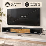 Zwevend TV-Meubel 160 cm – Wandgemonteerd TV-Meubel met Klepdeur, Open Vakken & Kabelmanagement – Antraciet/Zwart met Houtlook
