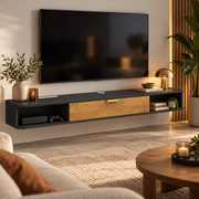 Zwevend TV-Meubel 160 cm – Wandgemonteerd TV-Meubel met Klepdeur, Open Vakken & Kabelmanagement – Antraciet/Zwart met Houtlook