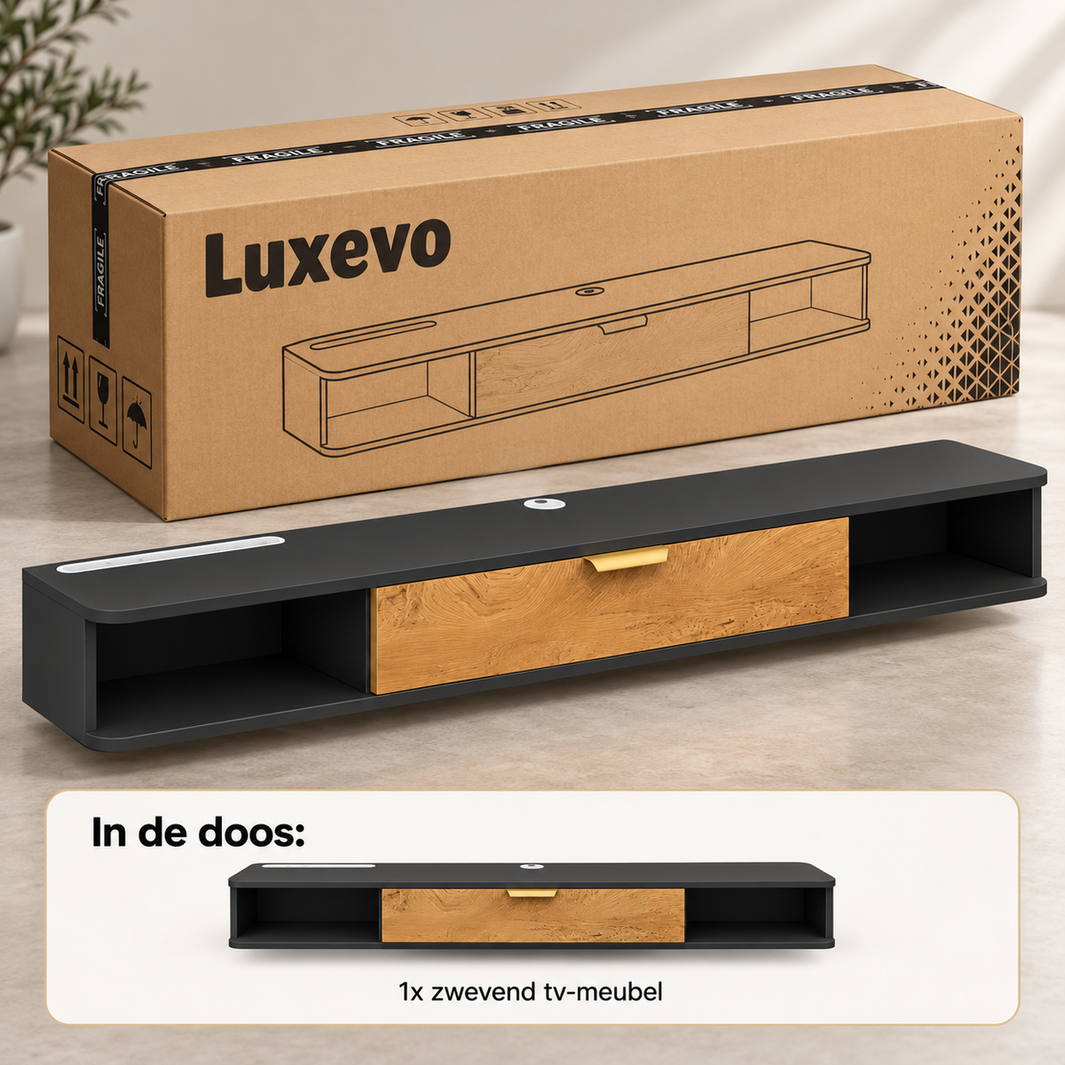 Zwevend TV-Meubel 160 cm – Wandgemonteerd TV-Meubel met Klepdeur, Open Vakken & Kabelmanagement – Antraciet/Zwart met Houtlook