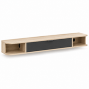 Zwevend TV-Meubel 140 cm – Wandgemonteerde Mediakast met Klepdeur & 2 Open Vakken – Kabelmanagement – Houtlook/Zwart – Voor TV’s tot 60 Inch