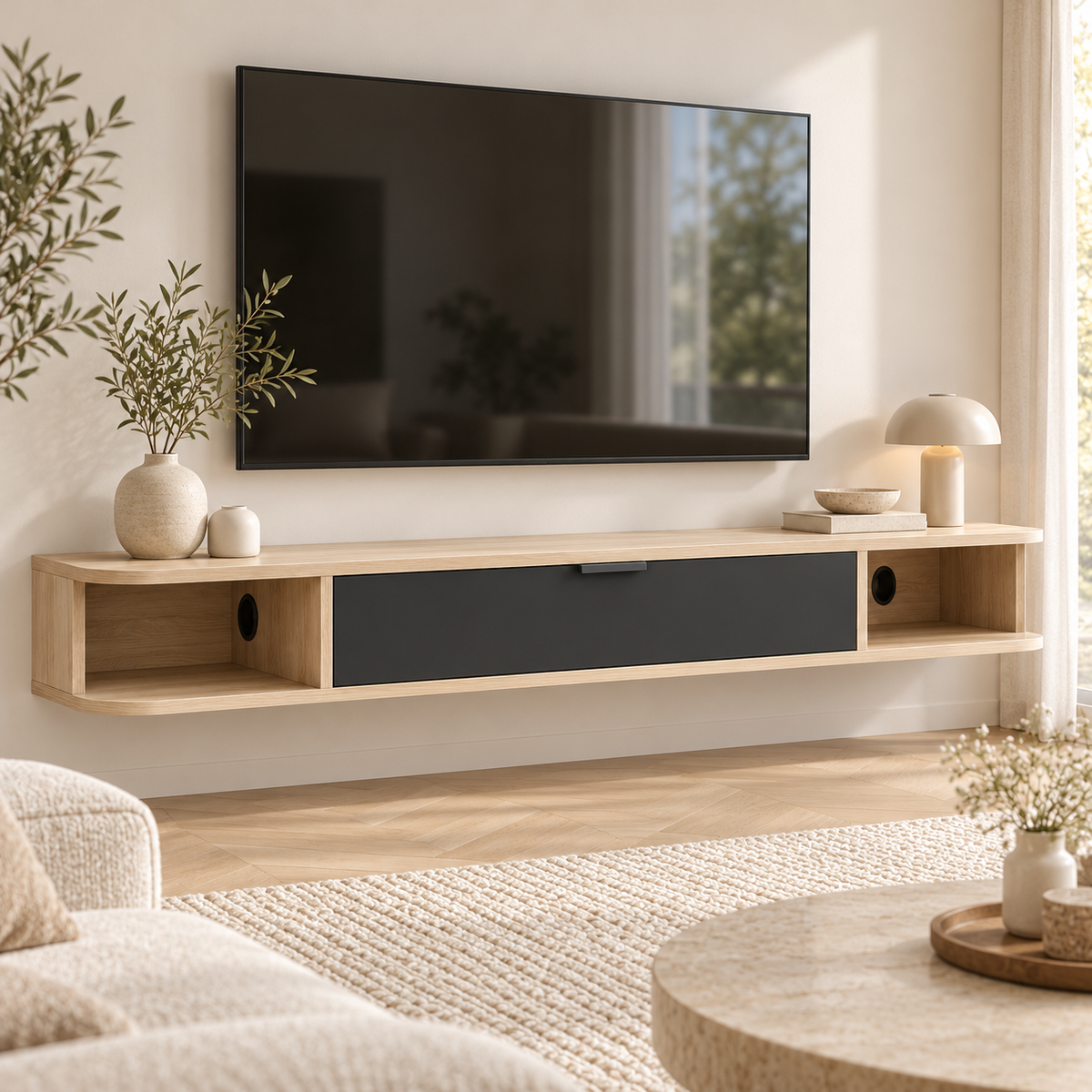 Zwevend TV-Meubel 140 cm – Wandgemonteerde Mediakast met Klepdeur & 2 Open Vakken – Kabelmanagement – Houtlook/Zwart – Voor TV’s tot 60 Inch