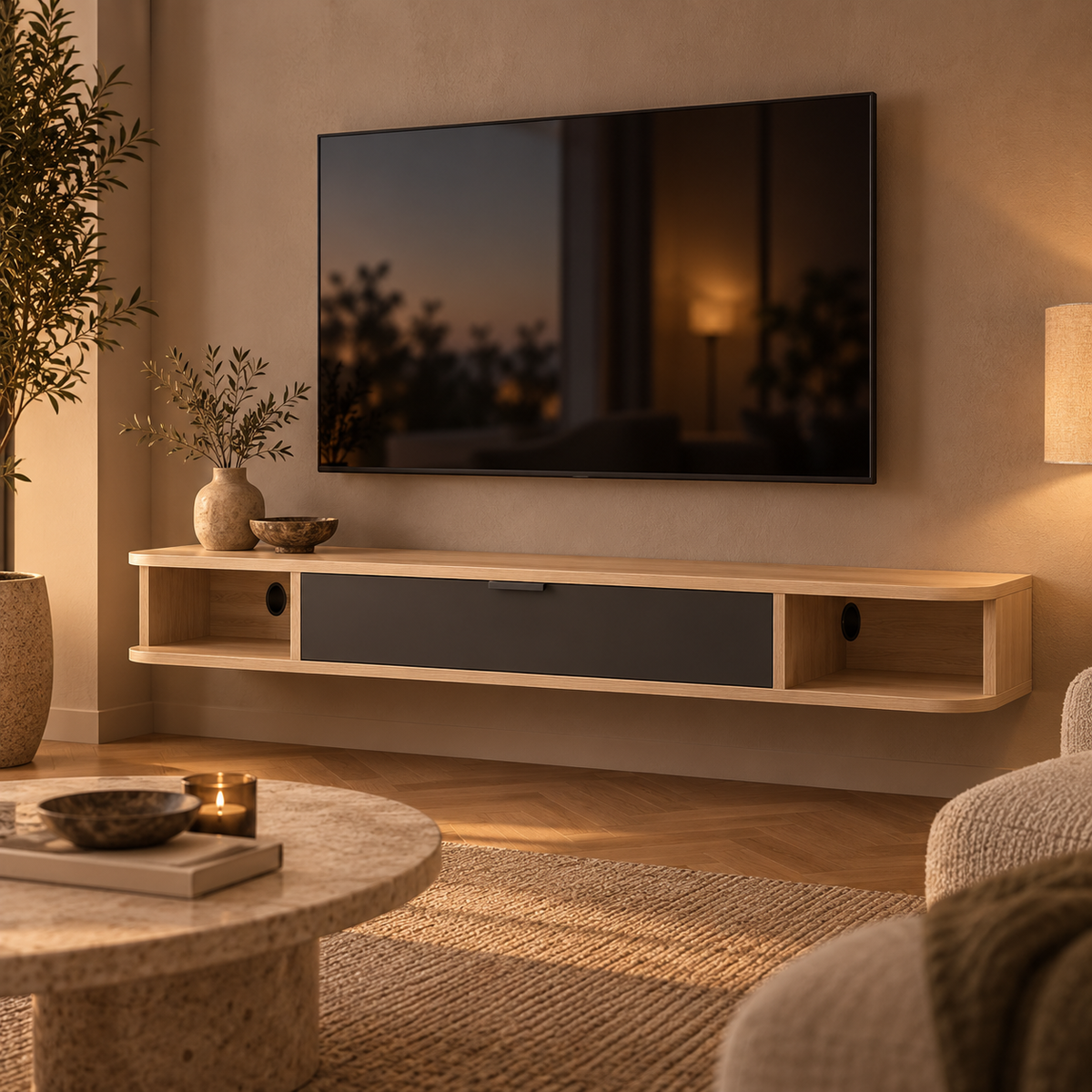 Zwevend TV-Meubel 140 cm – Wandgemonteerde Mediakast met Klepdeur & 2 Open Vakken – Kabelmanagement – Houtlook/Zwart – Voor TV’s tot 60 Inch