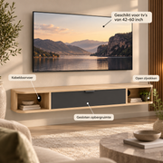Zwevend TV-Meubel 140 cm – Wandgemonteerde Mediakast met Klepdeur & 2 Open Vakken – Kabelmanagement – Houtlook/Zwart – Voor TV’s tot 60 Inch