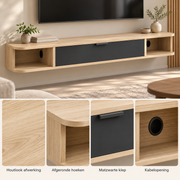 Zwevend TV-Meubel 140 cm – Wandgemonteerde Mediakast met Klepdeur & 2 Open Vakken – Kabelmanagement – Houtlook/Zwart – Voor TV’s tot 60 Inch