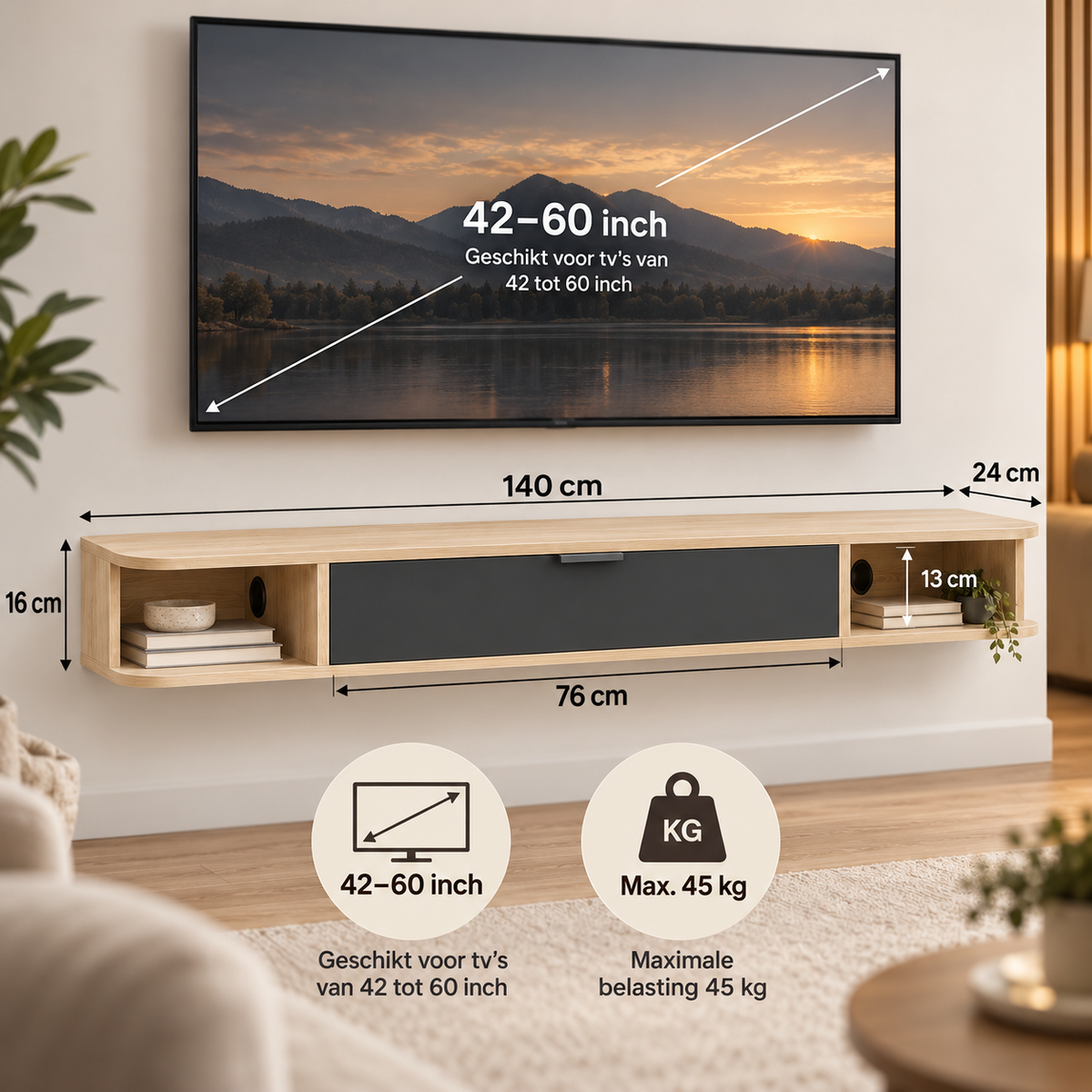 Zwevend TV-Meubel 140 cm – Wandgemonteerde Mediakast met Klepdeur & 2 Open Vakken – Kabelmanagement – Houtlook/Zwart – Voor TV’s tot 60 Inch