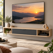 Zwevend TV-Meubel 140 cm – Wandgemonteerde Mediakast met Klepdeur & 2 Open Vakken – Kabelmanagement – Houtlook/Zwart – Voor TV’s tot 60 Inch