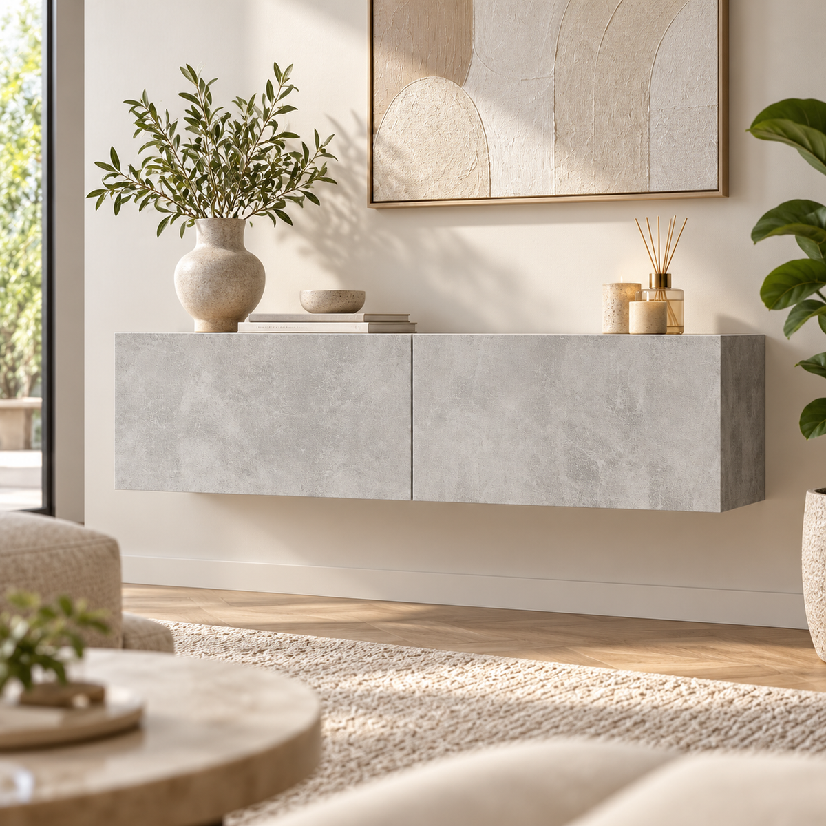 Zwevend TV-Meubel – Wandmontage – 120 x 30 x 30 cm – 2 Opbergvakken – Neerklapbare Deuren – Betonlook Grijs