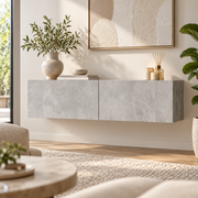 Zwevend TV-Meubel – Wandmontage – 120 x 30 x 30 cm – 2 Opbergvakken – Neerklapbare Deuren – Betonlook Grijs