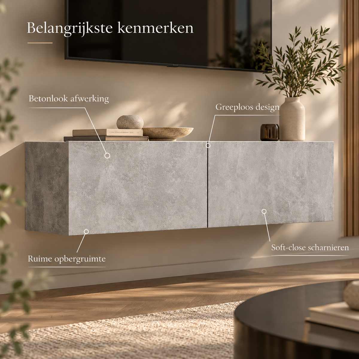 Zwevend TV-Meubel – Wandmontage – 120 x 30 x 30 cm – 2 Opbergvakken – Neerklapbare Deuren – Betonlook Grijs