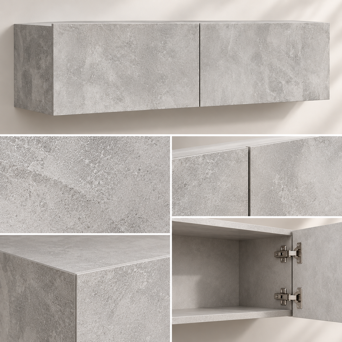 Zwevend TV-Meubel – Wandmontage – 120 x 30 x 30 cm – 2 Opbergvakken – Neerklapbare Deuren – Betonlook Grijs