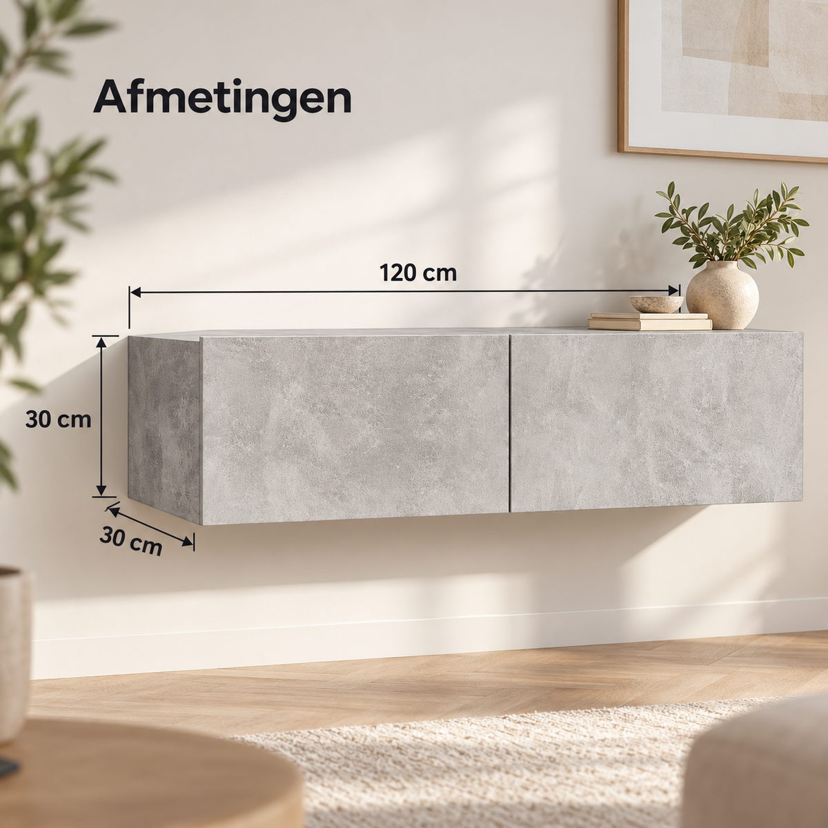 Zwevend TV-Meubel – Wandmontage – 120 x 30 x 30 cm – 2 Opbergvakken – Neerklapbare Deuren – Betonlook Grijs