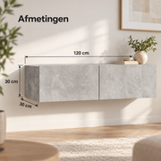 Zwevend TV-Meubel – Wandmontage – 120 x 30 x 30 cm – 2 Opbergvakken – Neerklapbare Deuren – Betonlook Grijs