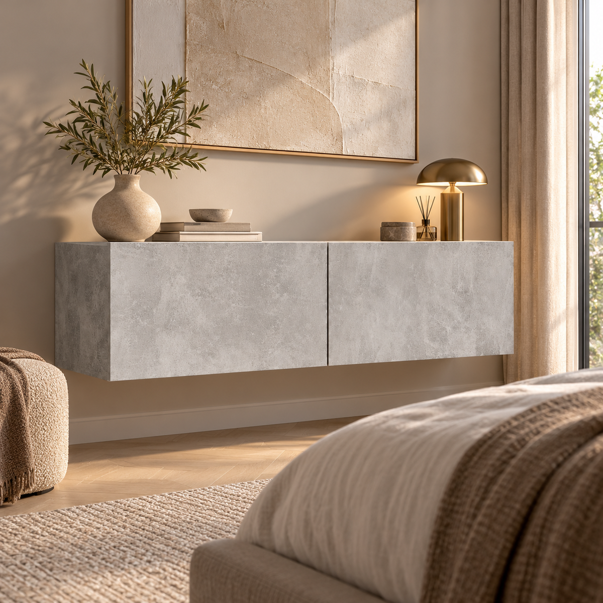 Zwevend TV-Meubel – Wandmontage – 120 x 30 x 30 cm – 2 Opbergvakken – Neerklapbare Deuren – Betonlook Grijs
