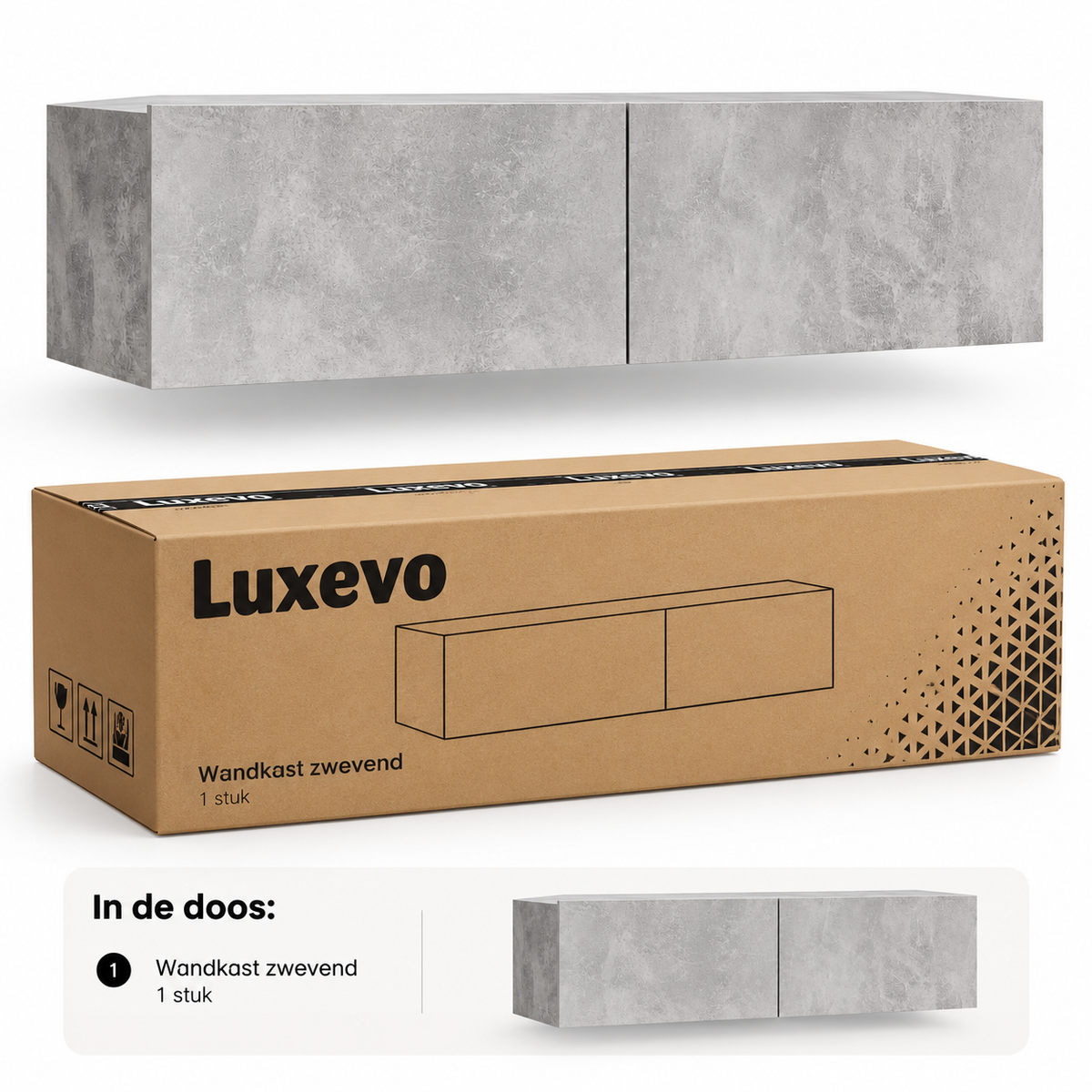 Zwevend TV-Meubel – Wandmontage – 120 x 30 x 30 cm – 2 Opbergvakken – Neerklapbare Deuren – Betonlook Grijs