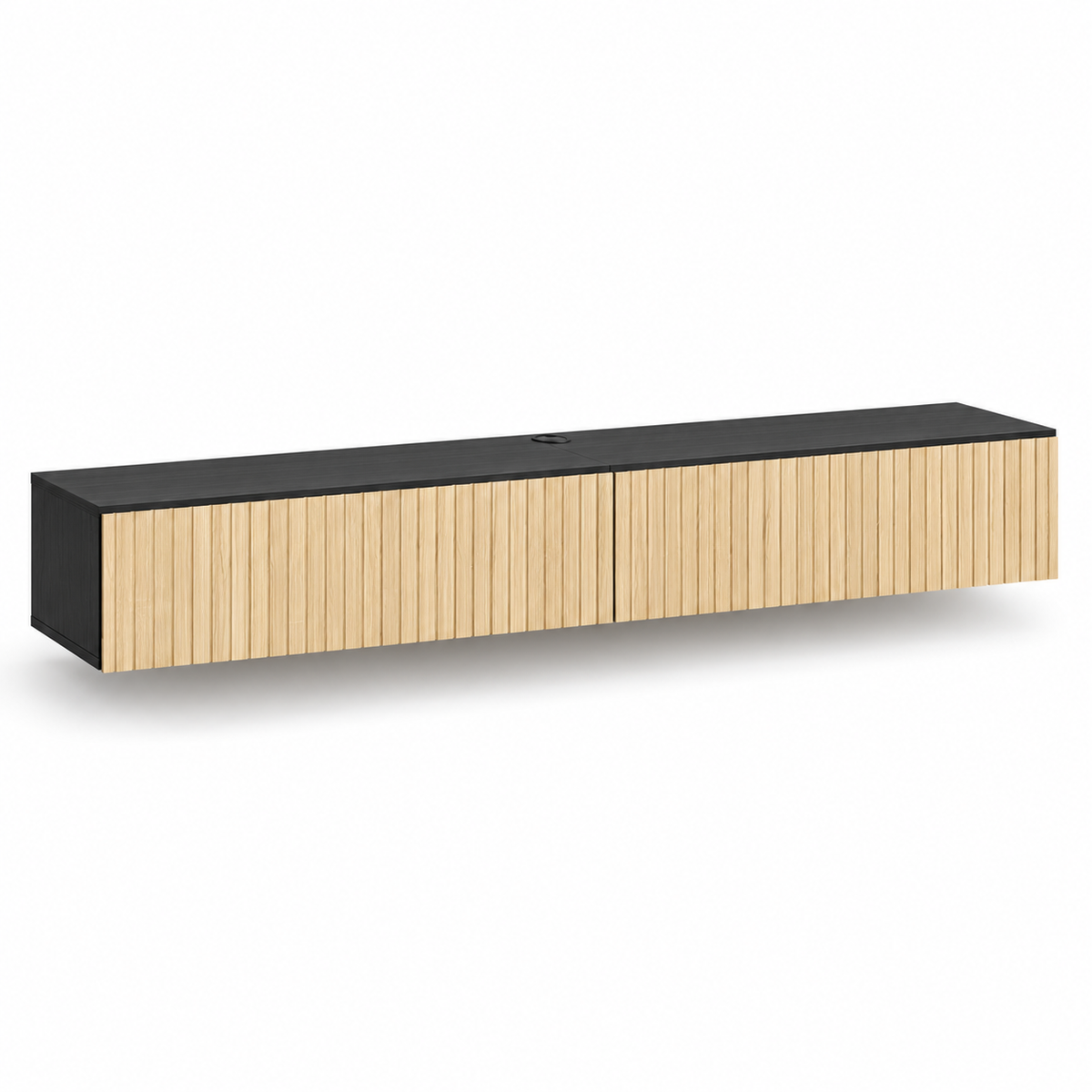 Zwevend TV-Meubel 140 cm – Wandgemonteerde TV-Kast met 2 Klepdeuren – Geribbelde Houtlook – Kabeldoorvoer – Natuurlijk Hout & Zwart
