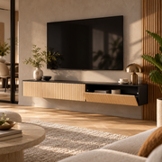 Zwevend TV-Meubel 140 cm – Wandgemonteerde TV-Kast met 2 Klepdeuren – Geribbelde Houtlook – Kabeldoorvoer – Natuurlijk Hout & Zwart