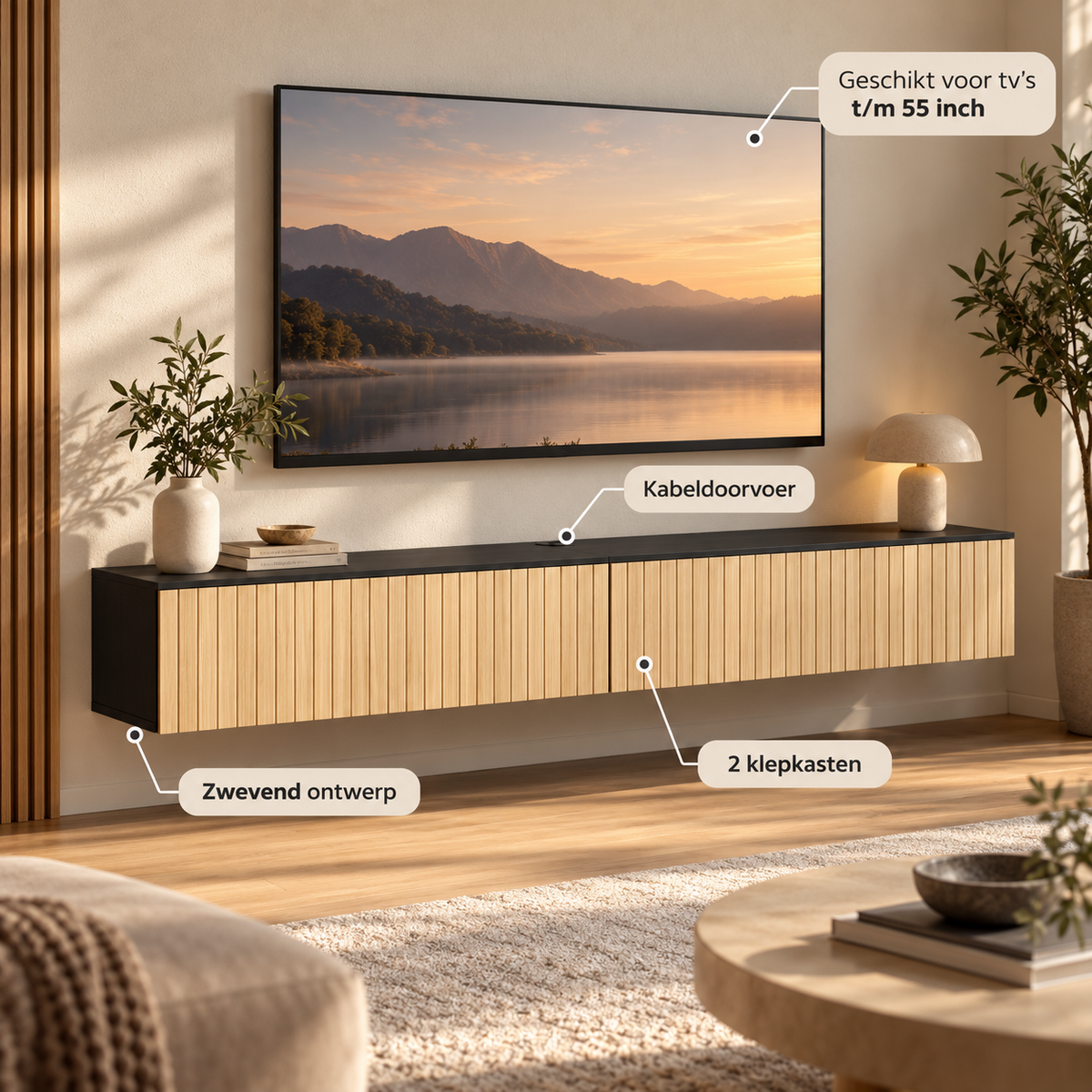 Zwevend TV-Meubel 140 cm – Wandgemonteerde TV-Kast met 2 Klepdeuren – Geribbelde Houtlook – Kabeldoorvoer – Natuurlijk Hout & Zwart